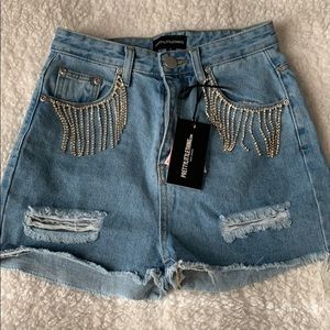 PrettyLittleThing Diamante Tassle denim shorts
